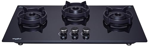 Image of Whirlpool 75cm 3 Burner Auto Ignition Hob | EVOLVE HYBRID HD 753 BRASS | 8mm Toughened Glass | Forged Brass Burners | Black Glass Finish | 10-Year Glass & 5-Year Burner & Valve Warranty