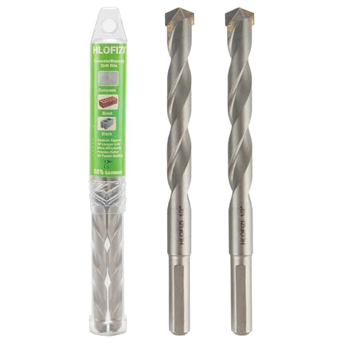 HLOFIZI 1/2" x 6" Masonry Drill Bits 1/2 inch Concrete Hammer Drill Bits Carbide Tipped, for Cement, Brick, Stone, 2 Pack