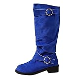 Blue Fashion Women Suede Round Head Belt Buckle with Warm Stacking Boots