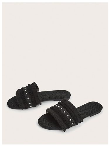 Image of OYOANGLE Women's Fringe Straw Sandals Crochet Open Toe Single Band Flat Slip On Sandals