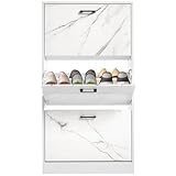 3 Drawer Shoe Cabinet Cupboard Shoe Storage Organizer 3 Tier Shoe Rack Pull Down Wooden Furniture Shoes Cupboards for Hallways, Entryway, Living Rooms, White Marble, 60W x 24D x 112H cm - Image 7