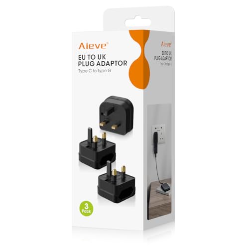 Aieve 3 Pack EU to UK Plug Adapter, European to UK Plug Adaptor Socket Converter with 13A Fuse, 2 to 3 Pin for Travel Electronic Device - Black