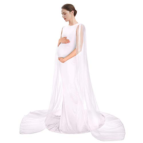 Women Tulle Mermaid Cloak Maternity Dress Long Maternity Gown With Chiffon Cape Sleeveless See Through Baby Shower Elegant Slim Fitted Pregnancy Maxi Photography Dress For Photo Shoot Prop White Xl #TOP2