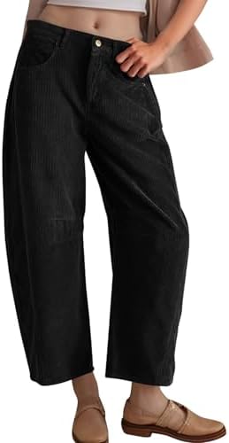 Flygo Womens Corduroy Pants Mid Rise Corduroy Barrel Pants Wide L...
