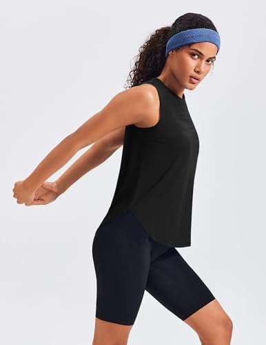 PINSPARK Women's Workout Tank Tops Back Pleat Loose Fit Sleeveless Shirts, Black, Medium
