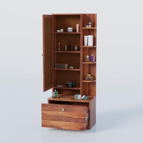 Image of Krishna Wood Decor Sheesham Wood Dressing Table with Mirror, 175 x 44 x 40 cm, Single Door, Storage Drawer, Brown (Honey Finish)