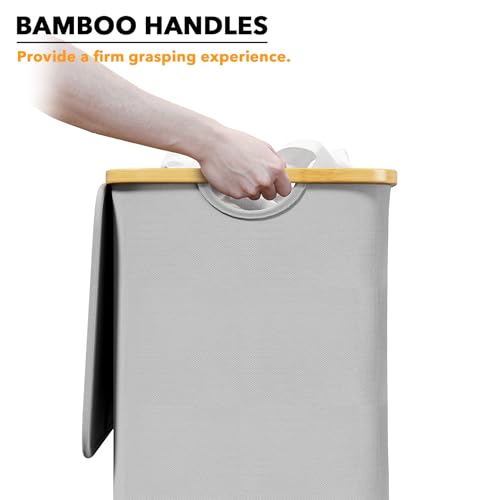 SpaceAid Laundry Hamper with Lid, 110L Large Tall Clothes Basket Bin with Bamboo Handles, Collapsible Laundry Hamper for Bedroom, Bathroom, Dorm, Laundry Room - Light Grey