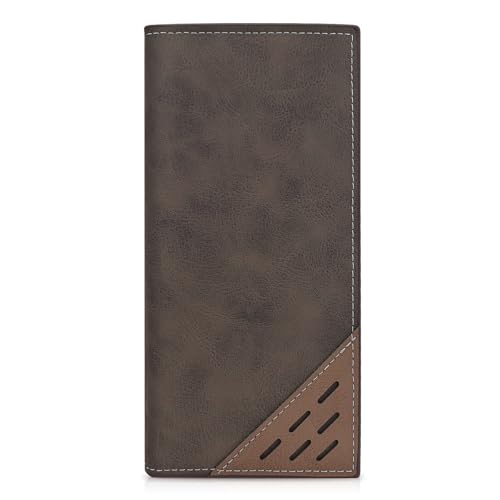 Long Wallet for Men, Contrasting Bifold Wallets with 12 Card Slots, 2 Cash Slots, ID Window and Zippered Coin Pocket, Credit Card Wallet for Suits and Daily Use (Deep Coffee)