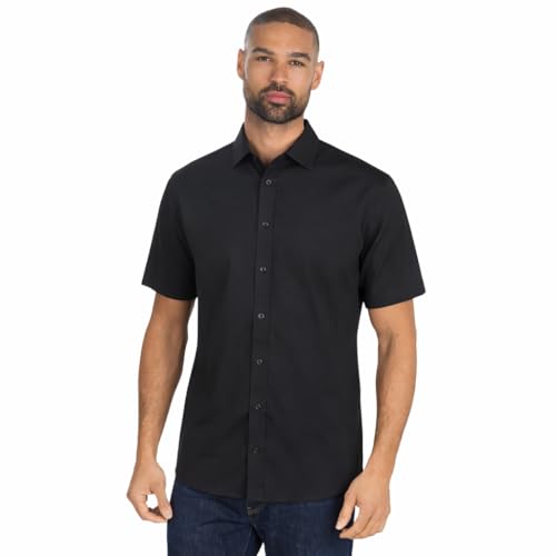 Mens Short Sleeve Shirt Tailored Fit Easy Iron Collared Button Up Poplin Smart Casual Business Wedding Office Shirt (Black, Slim Fit, 18)