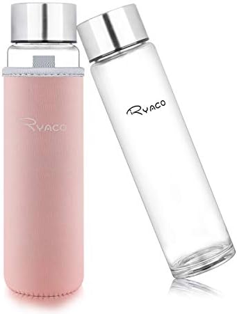 Ryaco Szklana butelka na wodę 420 ml pokrywka ze stali nierdzewnej z uchwytem borokrzemowy bez BPA, szczelna butelka wielokrotnego użytku z neoprenowym rękawem i szczotką gąbkową do szkoły, domu, biura, sportu