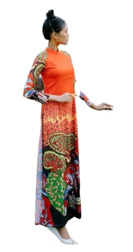 CuteSass Silk Orange Red Pattern Ao Dai Set (L)