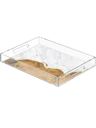 Acrylic Serving Tray with Handles Brown Marble Clear Serving Platters for Food Party White Modern Abstract Art Luxury Decorative Tray for Coffee Table Countertop Makeup Organizer 11.7"x8"x2"