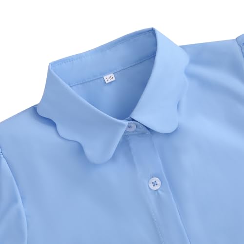 Girls Button Down Shirt Puff Sleeves Blouse Summer Cute Top Doll Collar School Uniform, 4-13Y4