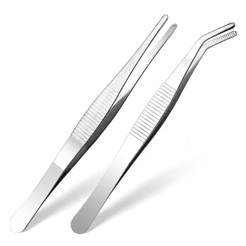 AOZUO 2 Stück 14 cm Gebogene Pinzette, Edelstahl Spitz Rutschfest Lang Stumpf Gerade Universal Abgewinkelte Pinzetten für Elektronik Laborarbeiten Wassertiere