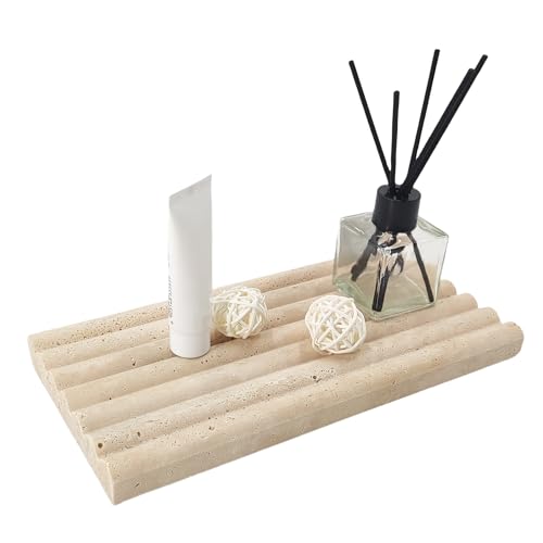 Jusmioke Natural Travertine Marble Tray for Bathroom Countertop Organizer,Vanity Decorative Stone Tray for Candles, Perfume, Jewelry Dish Ring Tray (Beige)