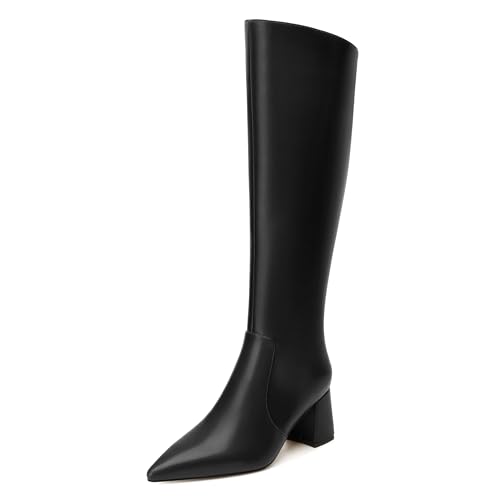 MODENCOCO Black Knee High Boots for Women Low Heel Chunky Block Pointed Toe Boots Zipper Fashion Fall Comfortable Dress Boots for Wedding Party Date Size 8.5