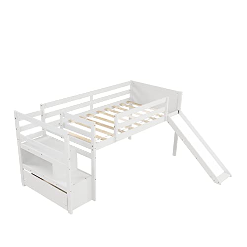Biadnbz Twin Size Low Loft Bed With Stairs And Slide,Solid Wood Bedframe With Drawer For Kids,White #TOP4