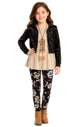 Image of iGirlDress Girls 4 Pieces Pant Set Long Sleeve Jacket Necklace Floral Plaid Pant 4-16