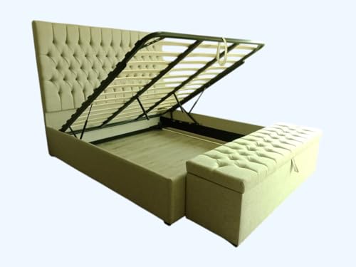 Upholstered Storage Bed with Gas Lift, Queen Size 160x200 cm, Beige Without Bench