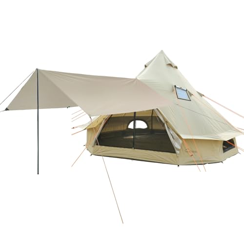 DANCHEL OUTDOOR B2A Portable Bell Tent No Center Pole, 4 Season Yurt with Stove Jack Spacious Interior for 4/8 Person Camping Hiking Glamping 300D Oxford Nylon,13ft/16.4ft Khaki