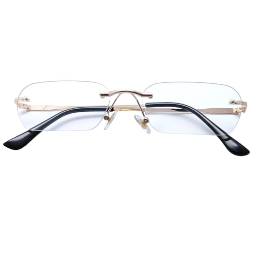 Mriendao Small Rimless Clear Glasses Retro Narrow 90s Gold Metal Eyeglasses Rectangle Ultralight Eyewear