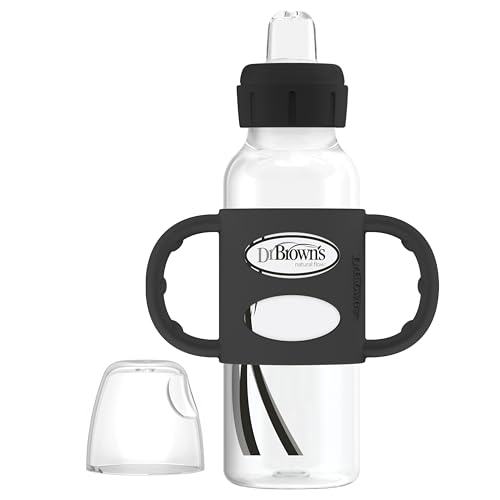 Image of Dr. Brown's Milestones Narrow Sippy Spout Bottle with 100% Silicone Handles, Easy-Grip Handles with Soft Sippy Spout, 8oz/250mL, Black, 1-Pack, 6m+