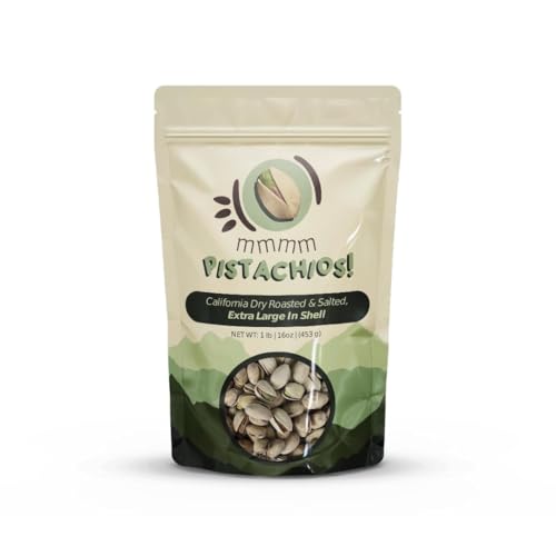 mmmm Pistachios! - California Dry Roasted & Salted EXTRA-LARGE In-Shell Pistachios (with shell) - One (1) Pound, 16 Ounce Bag, Newly Harvested, Gluten-Free, Non-GMO, Vegan, High in Fiber, Protein, and Antioxidants, Healthy Snack — Product of the USA