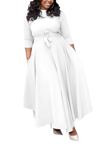 Baczoe Womens Plus Size Maxi Dress 3-4 Sleeve Crew Neck Smocked Flowy A-Line Boho Party Maxi Dress (White, 3XL)