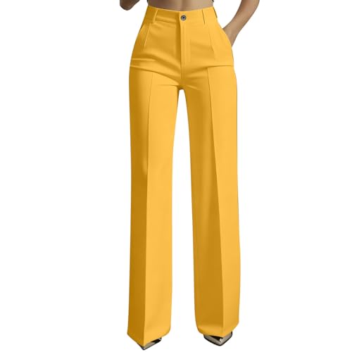 Women's Work Pant Trousers Ladies Formal Office Smart Dressy Casual Elegant Elastic Waist Bootcut Tailored Straight Wide Leg Long Pant Slim Fit Flared Stretch Bottom Pockets Yoga Business Yellow M