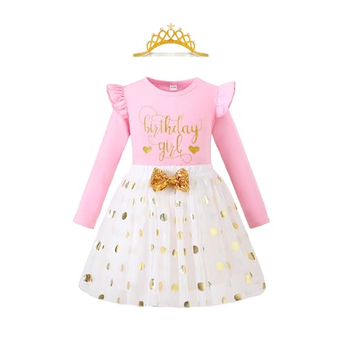 LYSMuch Girls Birthday Outfit Long Sleeve Ruffle Shirt Tutu Tulle Skirt with Headband (Pink,2-3 Years)