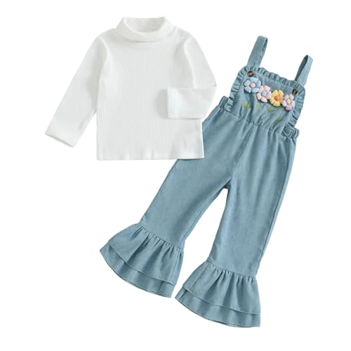 Kids Girls Outfit, Long Sleeve Crew Neck T-shirt with Flower Overalls and Hat Fall Outfit