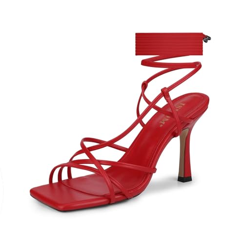 Image of ISNOM Lace Up Heels Sandals for Women - Square Open Toe, Stiletto High Heel