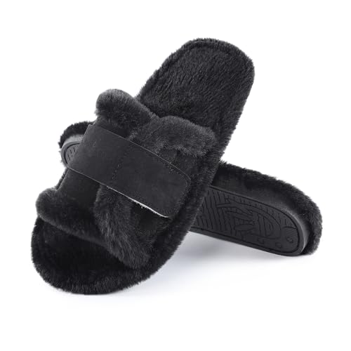 Image of Fur Story Women's Furry Slippers Open Toe Fuzzy Slippers Memory Foam Fluffy House Sandal