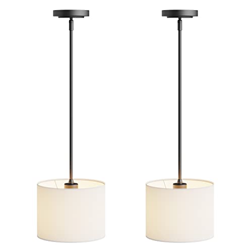 Electro bp;9" Dia White Linen Drum Shade Hanging Pendant Light Fixture with Black Pole Kit,E26,Hardwired,2-Pack; by Electro bp - Image 3
