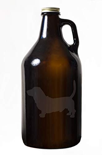 Basset Hound Dog Etched Amber Glass 64 Ounce Beer Growler Glassware Gift