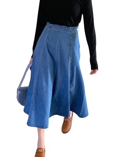 Womens Long Denim High Waist Floor Length Flared Skirt Blue Jean Skirts for Women Midi Skirt