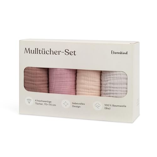 Ehrenkind® Mulltücher Baby 70x70 cm Premium Spucktücher für Neugeborene | Weiche Musselintücher im 4er-Set | Perfekt als Neugeborenen Geschenk & Baby Erstausstattung | Rosé