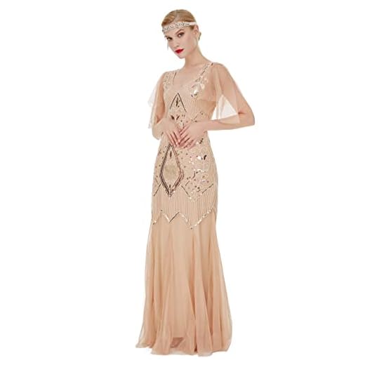 FAIRY COUPLE Women's Gatsby Plus Size 1920s Maxi Long Sequined V-Neck Formal Evening Prom Dress 3XL Rose Gold