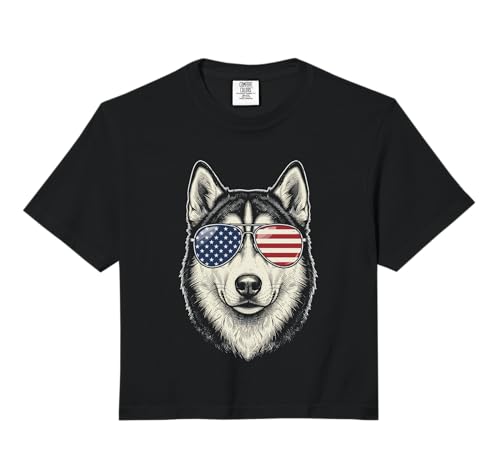 Patriotic Siberian Husky Retro USA Flag Sunglasses Dog Lover Comfort Colors Crop Top