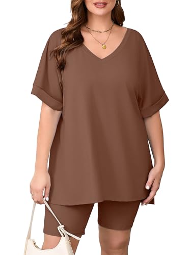 AusLook Women's Plus size 2 Piece Short Outfits Set Short Sleeve Tops and Shorts Pants Pastel Brown 4X Casual Comfy Soft Ladies Short Sleepwear Lounge Pajama Matching Set