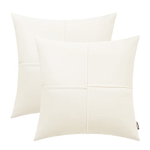Image of BRAWARM Faux Leather Throw Pillow Covers 18 X 18 Inches, Cream Leather Pillow Covers Pack of 2, Hand Stitched Leather Decorative Throw Pillows for Couch Sofa Bed Living Room Home Garden