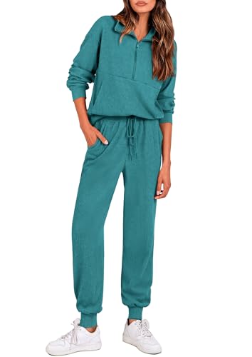 Image of PRETTYGARDEN Women 2 Piece Ribbed Knit Matching Lounge Sets | Comfy Sweat Track Suits, Athleisure Casual Outfit, Half Zip Sweatshirt & Jogger Pants, Fall Winter Clothes for Airport Travel
