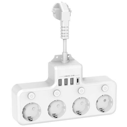 Afitdon Multipresa con 4 interruttori individuali, 8 in 1 USB Multiprese con 4 uscita AC e 1 tipo C e 3 porte presa USB multipla, scrivania,AC