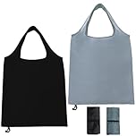 TRACOMPAN 2 Packs Foldable Reusable Shopping Bags, Waterproof Nylon Tote Folding in a Pouch, Washable Lightweight Grocery Bags for Fruit Vegetable Storage Daily Outdoor Use (Black & Grey)