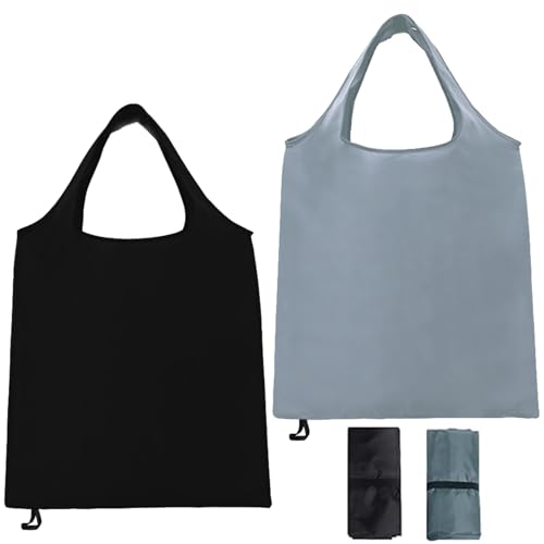 TRACOMPAN 2 Packs Foldable Reusable Shopping Bags, Waterproof Nylon Tote Folding in a Pouch, Washable Lightweight Grocery Bags for Fruit Vegetable Storage Daily Outdoor Use (Black & Grey)