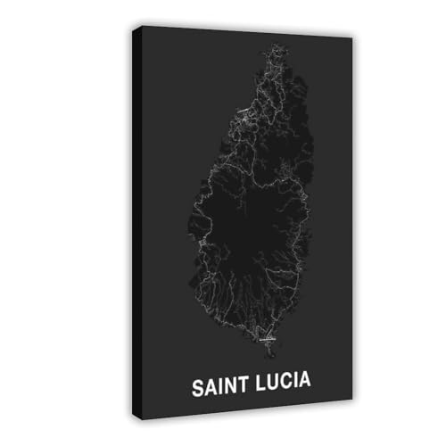 BMtyDG Saint Lucia Map Poster Black And White Home Cities Canvas Poster Wall Art Prints Room Aesthetic Murals Bedroom And Living Decorations Frame 24x36inch