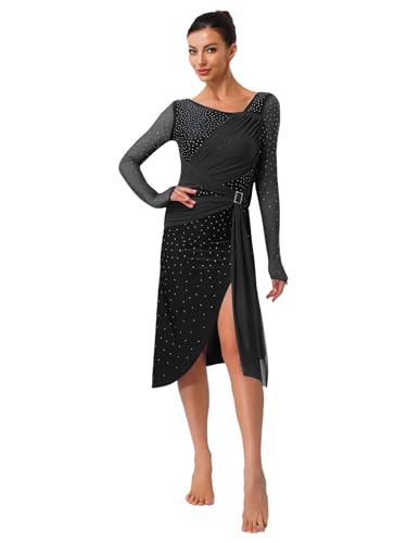 Yruioon Damen Lyrisch Tanzkleid Glitzer Langarm Ballettkleid mit Asymmetrisch Rock Tango Rumba Modern Dance Contemporary Tanzkleidung Schwarz S