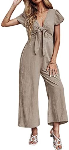 loveimgs Women's Short Sleeve Wrinkled Ice Silk Wide Leg Jumpsuit Tie Knot Cropped Palazzo Pants Romper