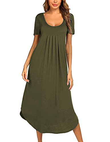 Ekouaer Long Stripe Nightgown Plus Size Sleepwear Lounge Dresses-Army Green S #TOP16
