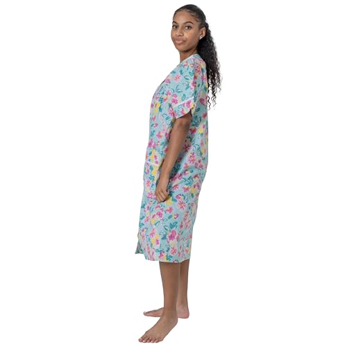 Image of Women's Short Sleeve Woven Snap-Front Closure Floral Embroidery Housecoat Duster Lounge Nightgown Robe with Front Pockets